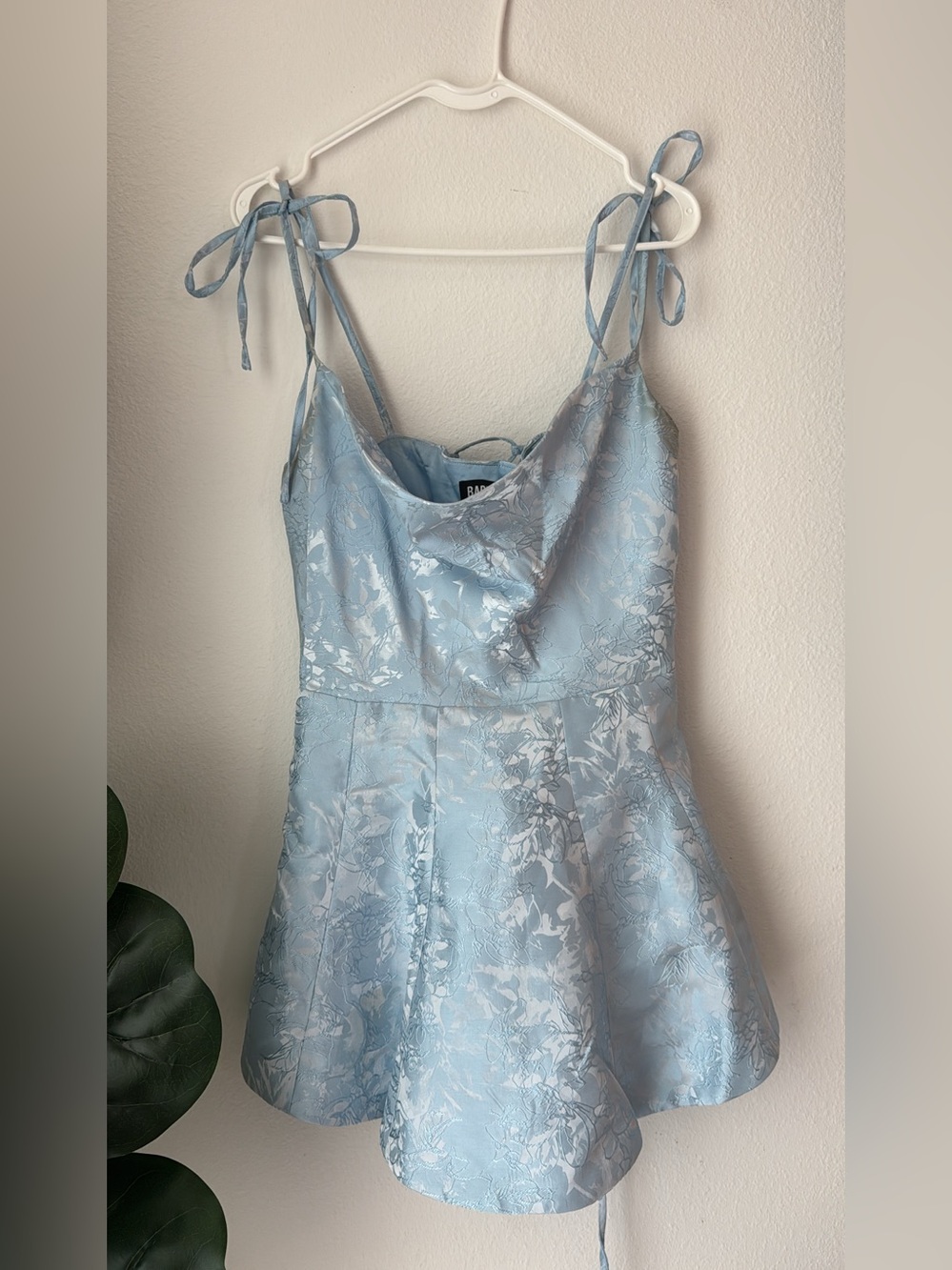 Light Blue Floral Jacquard Tie-Shoulder Dress